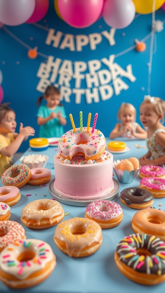 Donut-Themed 3rd Birthday Party A festive donut-themed birthday party with a colorful cake and various donuts, decorated with balloons and a birthday banner.